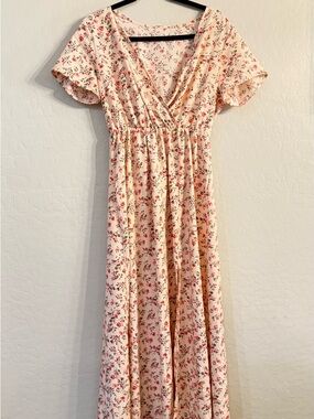 Floral Cream Maxi Dress with Pink Accents